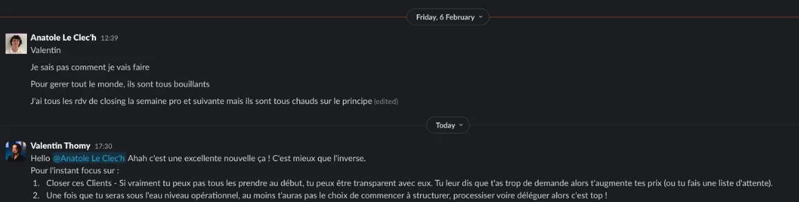 Message d’un client sur Slack