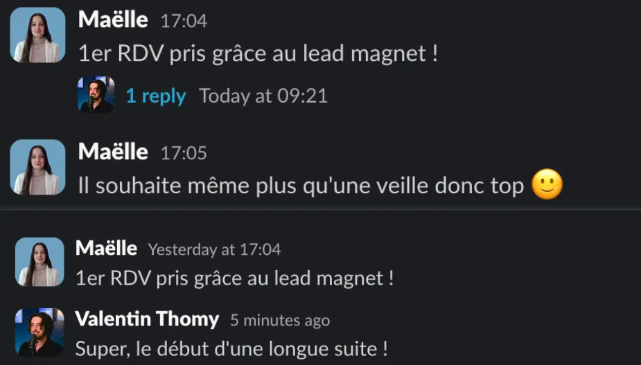 Message d’un client sur Slack