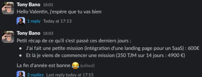Message d’un client sur Slack